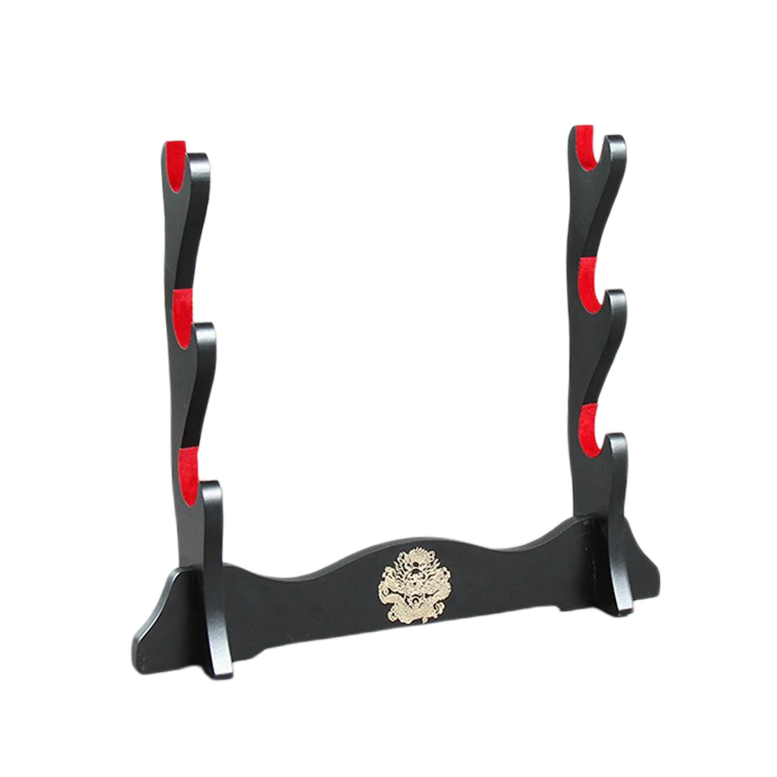 Magideal - Soporte De Espadas Expositor Horizontal De Madera Para Wakizashi Tanto Katana Y Flauta Artesanal Con Ganchos Y Barra De Apoyo Adecuado Para Coleccionistas Decoración De Oficina Y Hogar 3 Capas