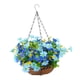 thumbnail image 1 of Cesta colgante de flores de margaritas artificiales, decoración de plantas colgantes falsas, maceta colgante con cadena para césped, porche, balcón, azul, 1 of 5