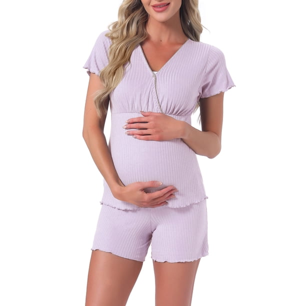 INSPIRE CHIC Conjuntos de Pijama de Maternidad de Modal Mangas Cortas Ropa de Lactancia Conjunto de Ropa de Estar Postparto Tops de Lactancia y Shorts S Púrpura