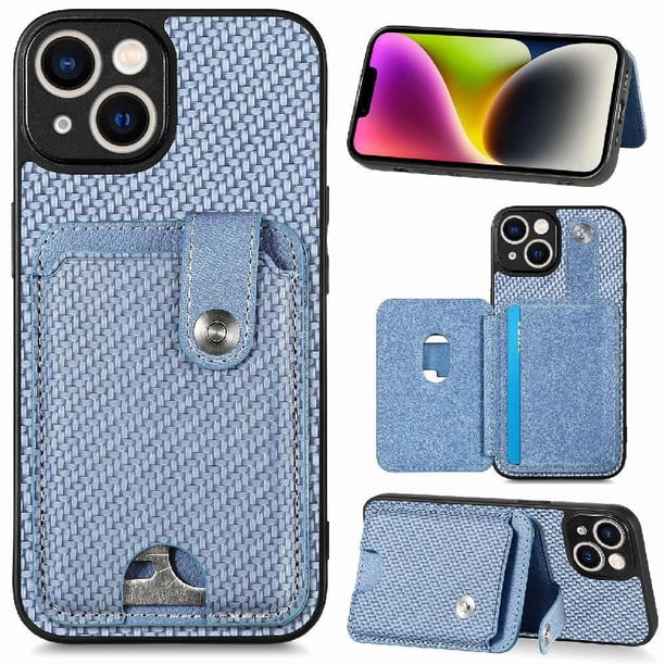 Funda Billetera Tejida para iPhone 14 con Soporte y Tarjetero Azul