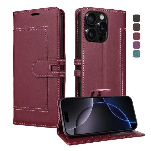 Premium Wallet Case for iPhone 14 Pro with Card Slots & Kickstand, Flip Cover Red