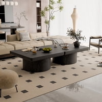 M&Ms - 34.6'' Square Coffee Table For Living Room, Modern Wood Veneer Top With Parquet Pattern & Cylindrical Base, Thickened Tabletop, Easy Assembly, Black