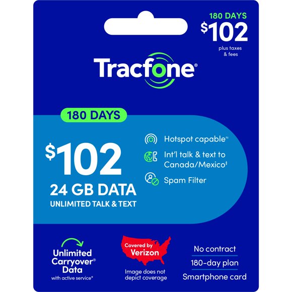 Tarjeta SIM Tracfone 24 GB, 180 días, ilimitado