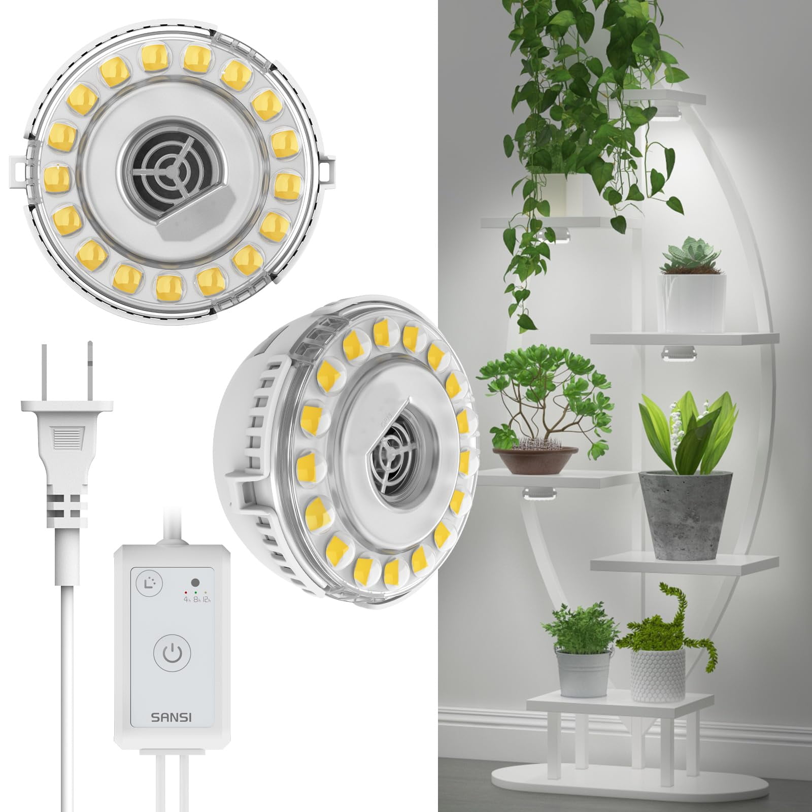 Lámpara Led Para Plantas Sansi Puck De 10 W, Espectro Completo Con Temporizador, 4, 8, 12 Horas