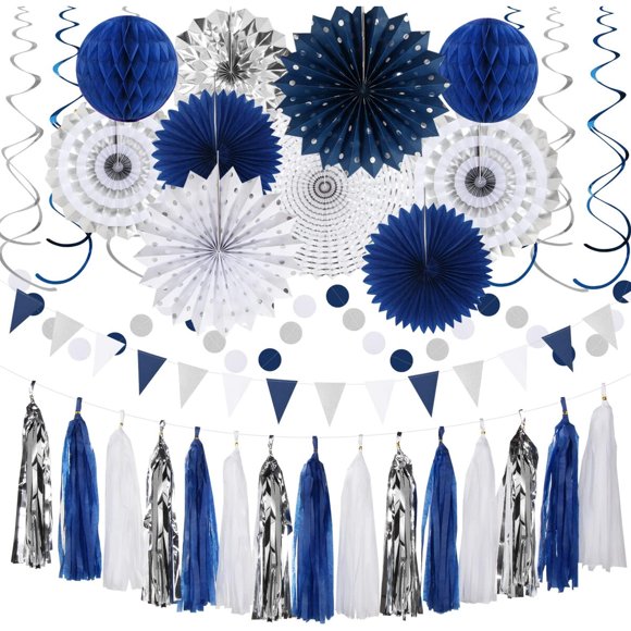 Decoración para Fiesta Hugtmr Azul Marino, Blanco y Plata, 33 Piezas