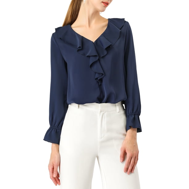 INSPIRE CHIC Blusa con Volantes para Mujer de Regreso a Clases Elegante para el Trabajo Cuello en V Manga Larga Top Elegante Azul Oscuro XL