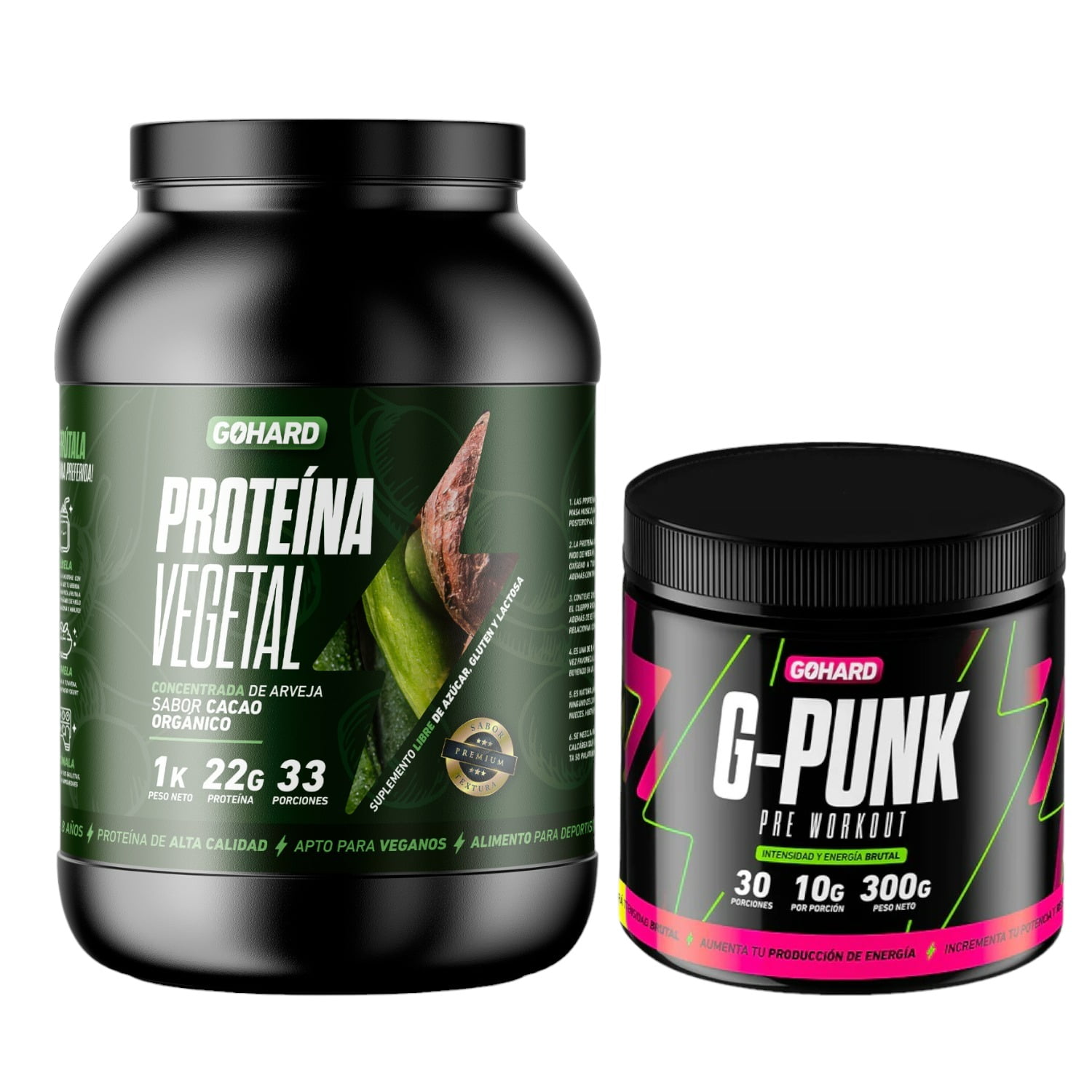 Gohard - Proteina Vegetal 33 Serv. 1kg Cacao Organico & Pre Entrenamiento G-punk 30 Serv