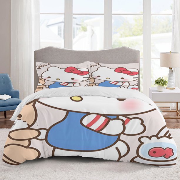 Hello Kitty Bedding Sets Cartoon Duvet Cover Lightweight 3 Piece Bet Sets for Kids Boys Girls