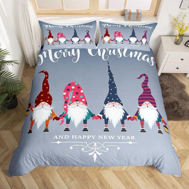 Xmas Bedding Sets Scandinavian Christmas Santa Gnomes Comforter Cover Snowing Santa Claus Bedding Sets for Kids Boys Girls Romantic Candlelight Quilt Cover 3 Pieces Queen Size
