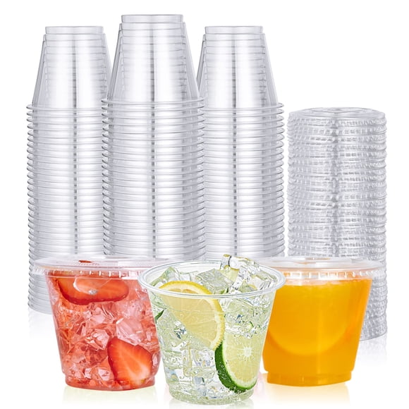 Vasos De Plástico De 9 Oz (paquete De 200) Con Tapas Planas Transparentes