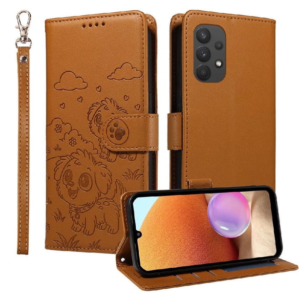 Funda Cartera para Samsung Galaxy A32 5G Perro Cachorro Grabado con Tarjetas Soporte Correa Marrón