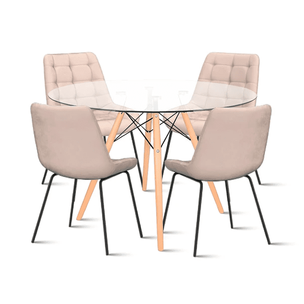 Klik Muebles - Comedor Mesa Eames 80cm Redonda Vidrio + 4 Silla Macron Terciopelo - Beige