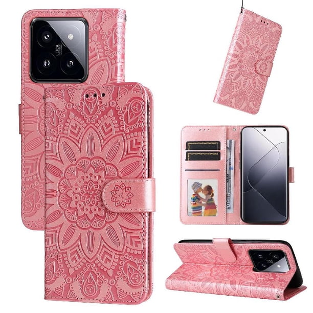 Funda tipo cartera FOXDOCK para Xiaomi 14 Pro , diseño girasol en relieve, cuero PU, cierre magnético, soporte y tarjetero