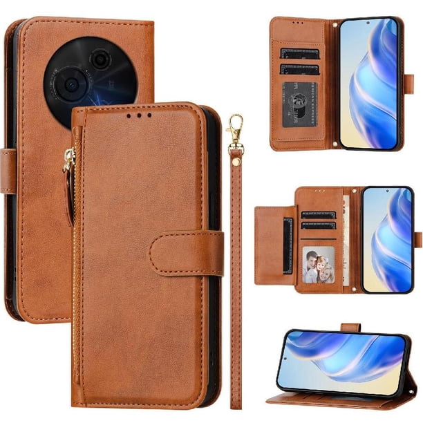 Funda Billetera Cremallera para TCL 60 XE NxtPaper 5G con Porta Tarjetas, Soporte y Correa Marrón