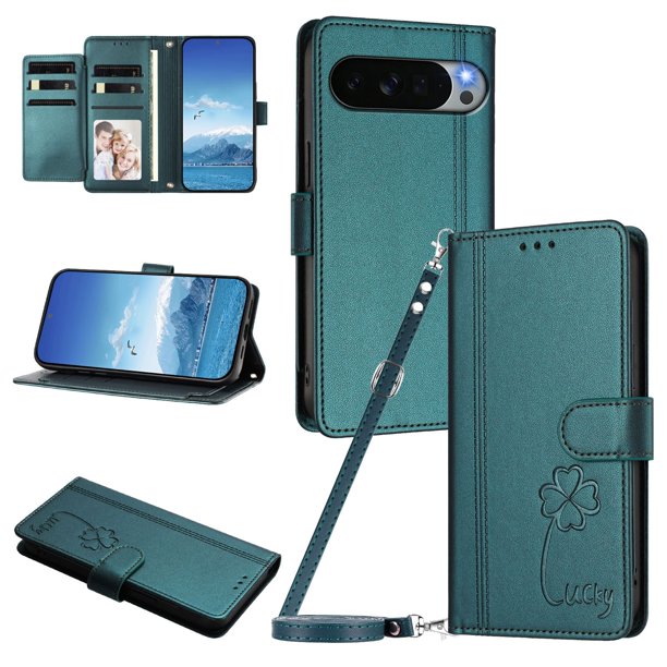 Funda Cartera Trébol para Google Pixel 11 Pro XL con Ranuras Tarjetas y Carga Inalámbrica Verde oscuro