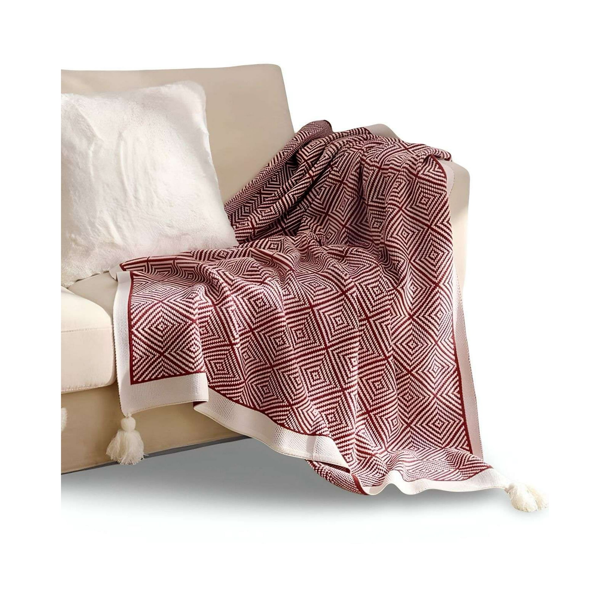 Tengfei - Mantas Decorativas Para Sofas Camas Con Pompon 130x150 Cm Burdeo
