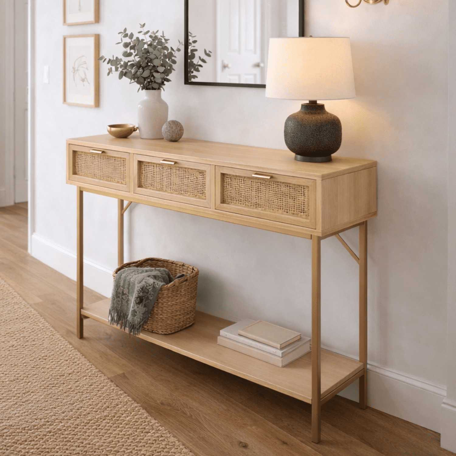 Df Home - Aparador Rattan Natural Con Cajones Y Base Dorada 110 Cm