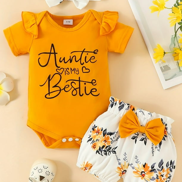 3pcs Baby Girls Cute "Auntie Is My Bestie" Short Sleeve Onesie & Floral Shorts & Headband Set Clothes