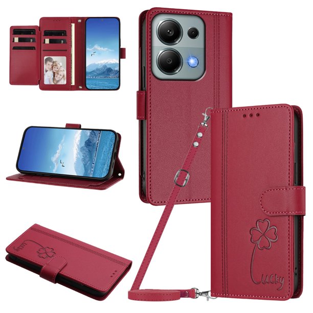 Funda Cartera Trébol para Xiaomi Redmi Note 13 Pro 4G con Ranuras Tarjetas y Carga Inalámbrica Rojo