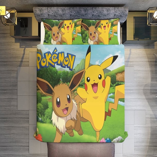 Comforter Set Queen Size Pokmon - Pikachu & Eevee Set with 2 Pillowcases for All SeasonsBedding Set 3pcs for Kids Boys Girls Bedroom Decor Bed Sheets