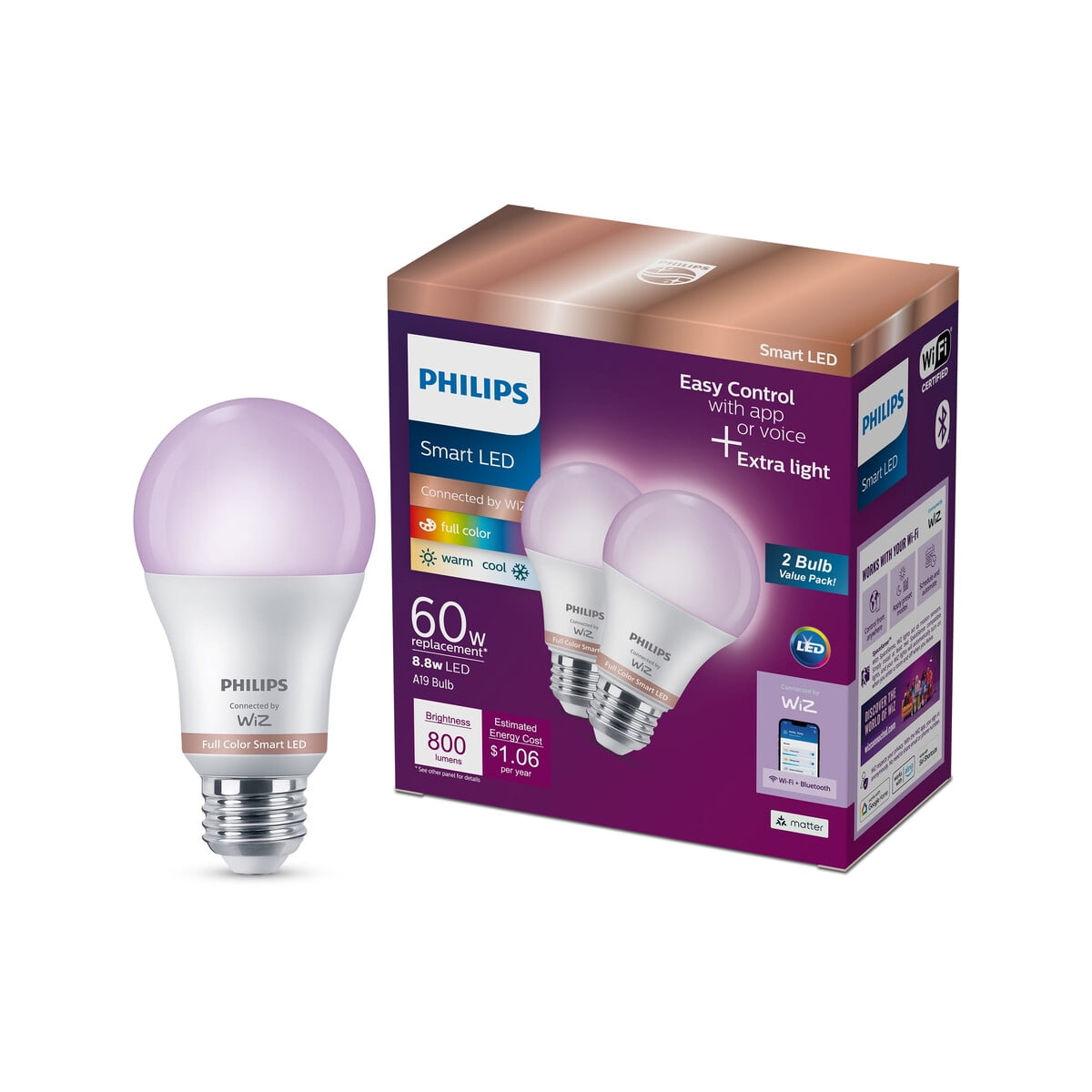 Ampolleta Led Philips Smart Wifi A19 60w E26 Dimerizable 2un