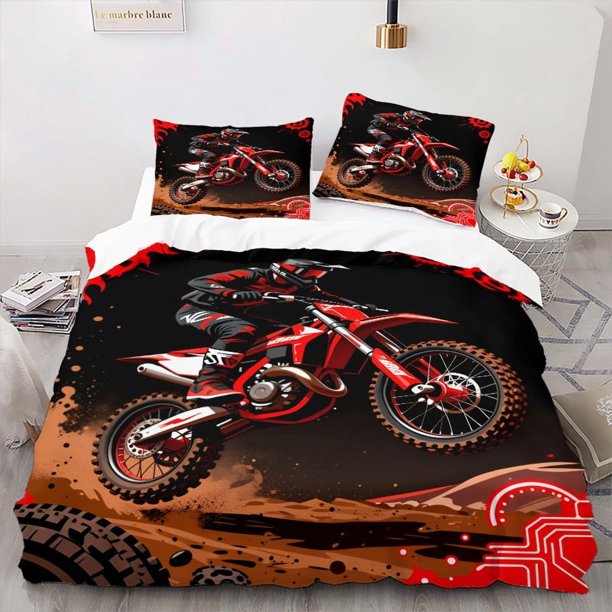 Set 2D Flat Print Modern Sport Motorcycle Off-road Beach Buggy Bed Cover Featuring a Red and Black Mud Bike Jump Rider Gear Design Suitable for Various Occasion
