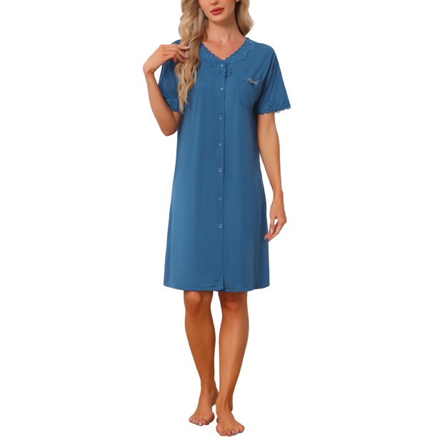 INSPIRE CHIC Vestido de Dormir de Encaje de Manga Corta para Mujer con Botones, Bolsillo y Mezcla de Viscosa Suave L Azul Marino