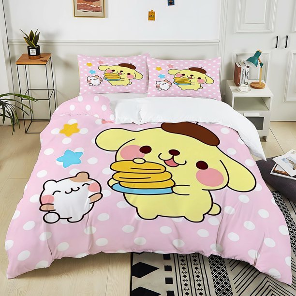Sanrio Pom Pom Purin Prient 3PC Bedding Set Duvet Cover 1 Duvet Cover 2 Pillowcases Adult and Kids Bedding Set Luxury Girl Gifts Bed Sheets