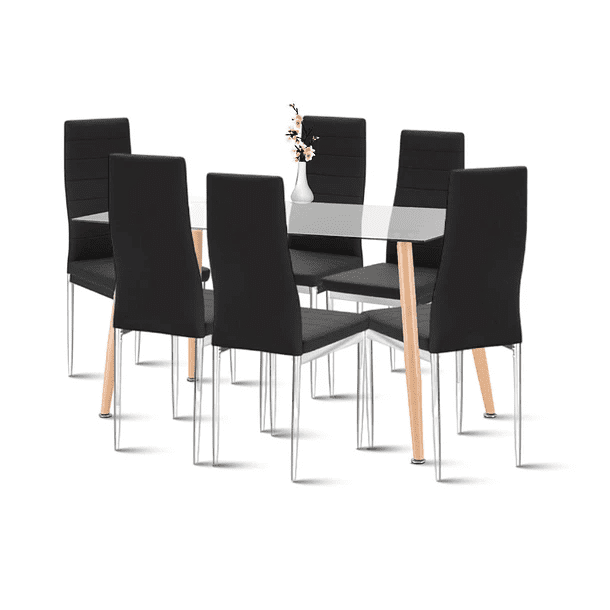 Klik Muebles - Comedor Mesa De Vidrio Rectangular 120x80 + 6 Sillas Dining Liana Acolchadas - Negras