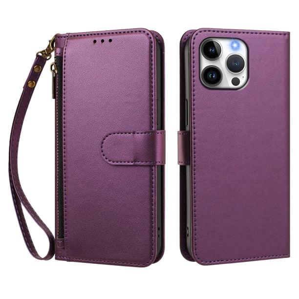 Funda Tipo Billetera para iphone16 Promax con Soporte y Bolsillo con Cierre Violeta intenso