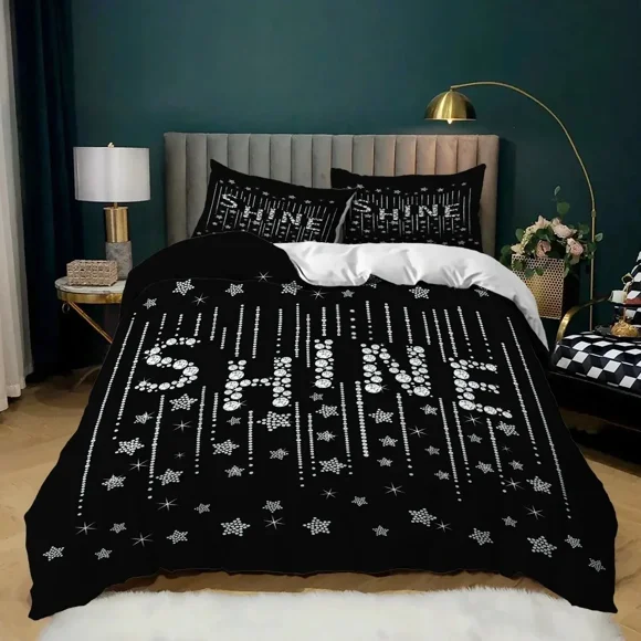 Shiny White Pattern Black Duvet Cover Set Beautiful Stars Bedding Set TwinFor Men Women Kids Gift Bed Sheets