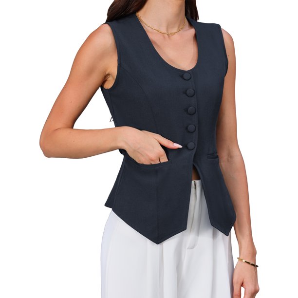 Chaleco de Traje para Mujer INSPIRE CHIC Sin Mangas Cuello en U Abotonado Verano Casual de Negocios Chaleco Top M Azul Oscuro