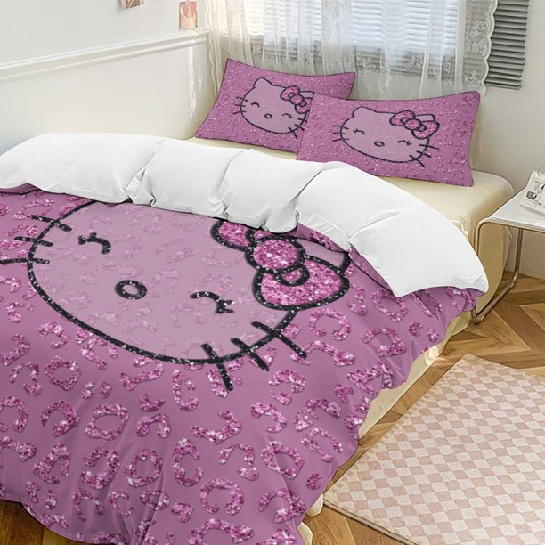 Pink Silver Hello Kitty Comforter Set Soft 3 Pcs Twin Bedding Sets Thicken for All Season