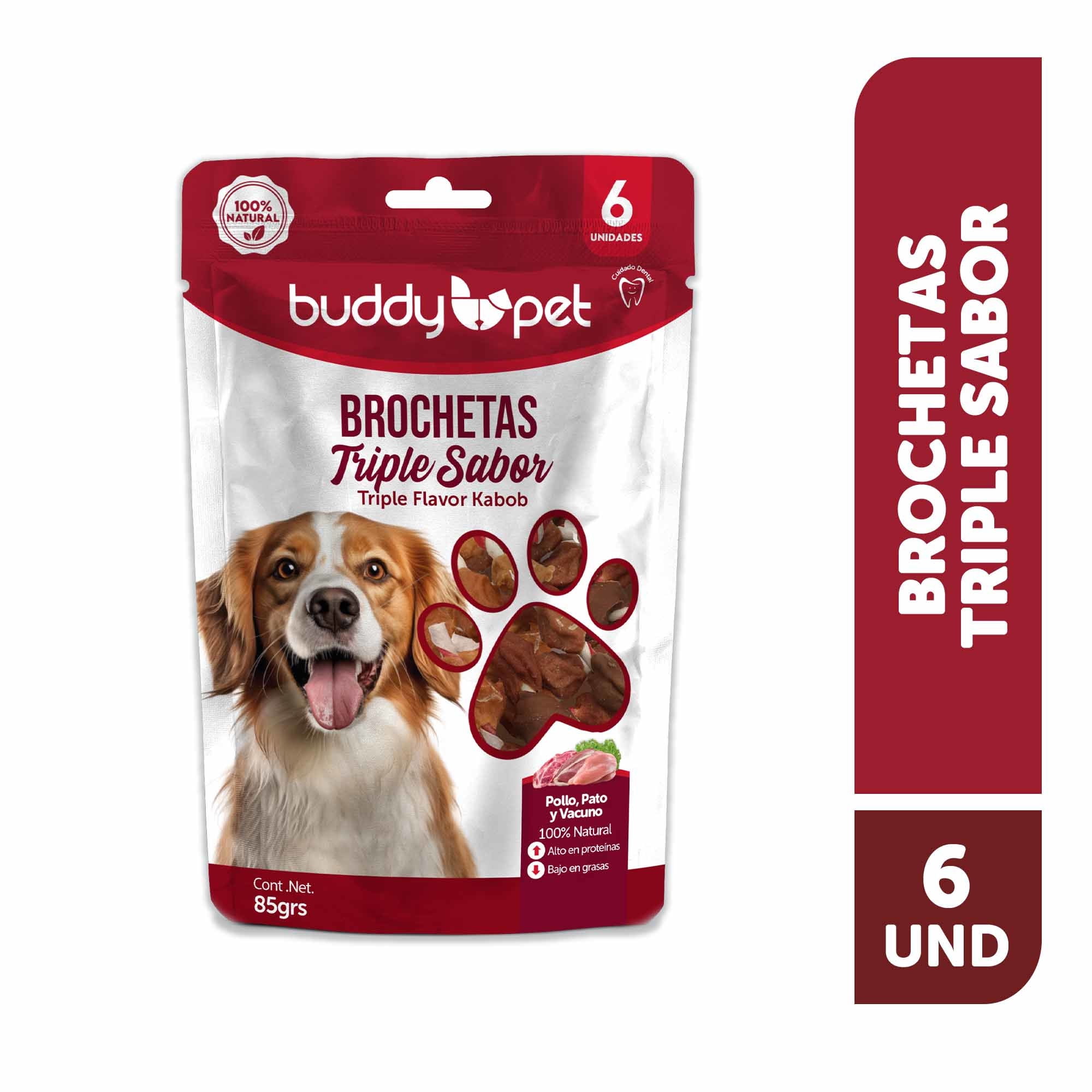 Snack Perro Adulto Brochetas Triple Sabor Pollo, Pato Y Vacuno Bolsa 6 Un Buddy Pet