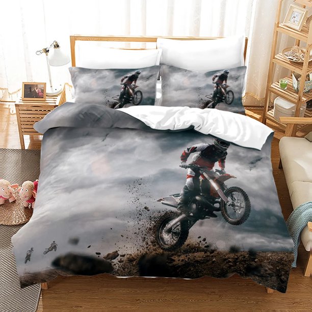 Dirt Bike Duvet Cover Motocross Bedding Set for Boy Motorcycle Rider Bedding Set King Polyester Comforter Cover with Pillowcase Bed Sheets