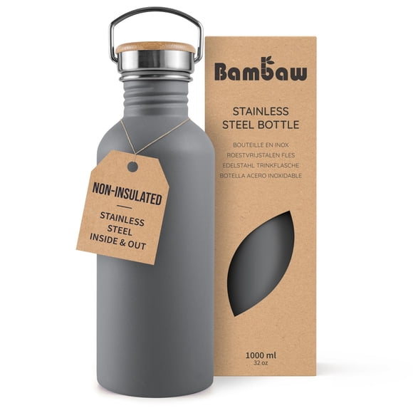 Botella de agua Bambaw de acero inoxidable sin aislamiento, 950 ml, gris