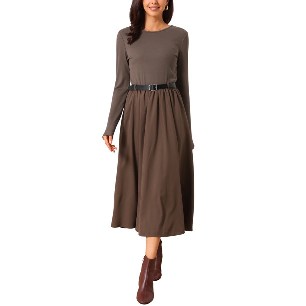 INSPIRE CHIC Vestido Midi Casual para Mujer Cuello Redondo Manga Larga Vestidos Sueltos de Otoño con Cinturón Conjuntos para Citas y Trabajo S Café