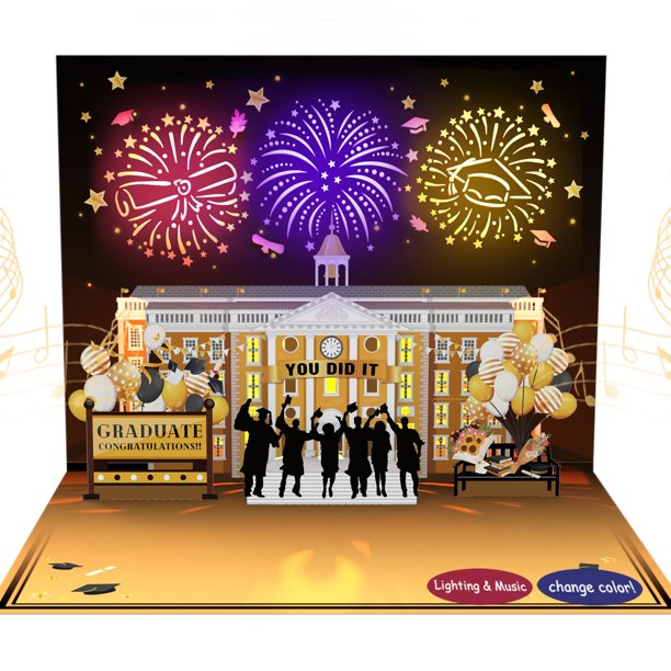 Tarjeta de Graduación DTESL, Tarjeta 3D Pop-up con MÚSICA y LUCES 2026, Tarjetas de Celebración de G