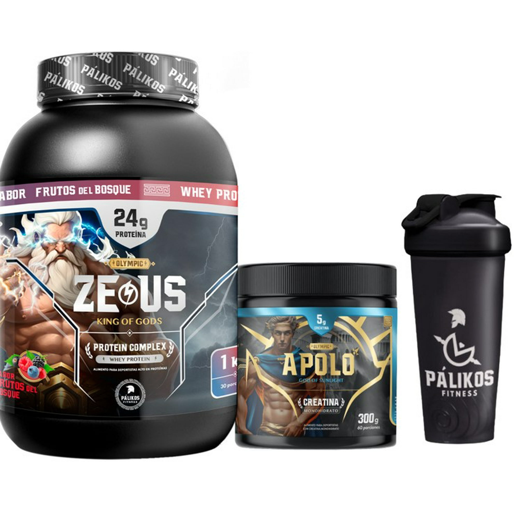 Palikos Fitness - Proteina Zeus Complex 1kg Frutos Del Bosque + Creatina Apolo 300g + Shaker