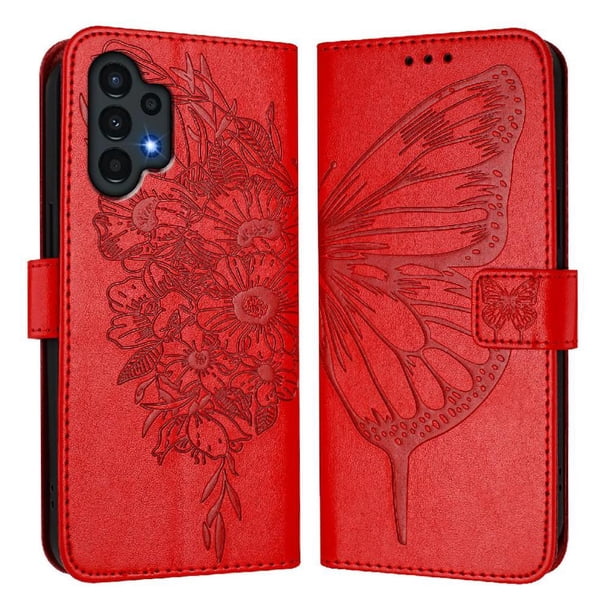 Funda cartera mariposa para Samsung Galaxy A13 4G/5G con soporte y ranuras para tarjetas Rojo