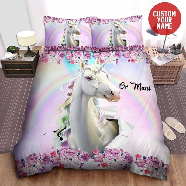 Flowers Unicorn Personalized Custom With Your Name Quilt Duvet Cover Set3-Piece Bedding Set