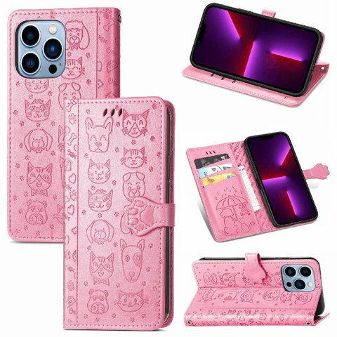 Funda Cartera Foxdock Para Iphone 13 Pro , Flip Pu Con Relieve De Gatos Y Perros, Tarjetero Y Soporte