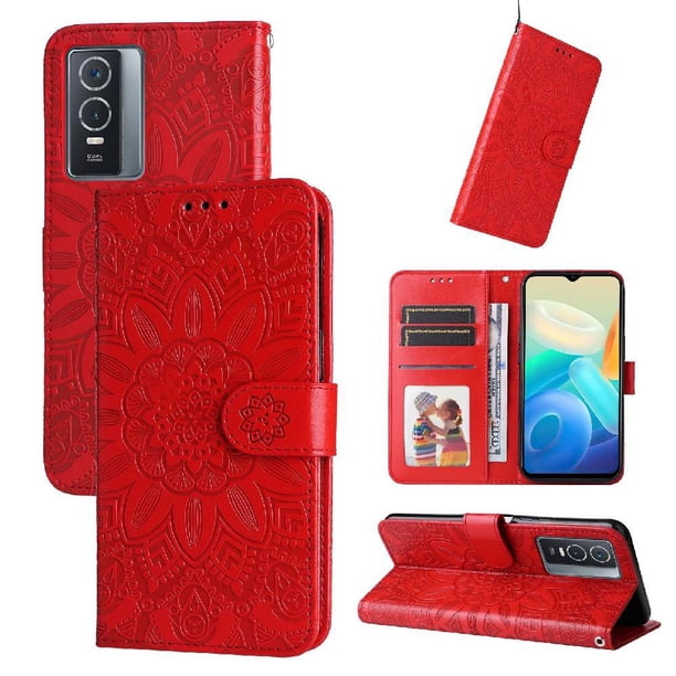 Funda tipo cartera FOXDOCK para Vivo Y76s , diseño girasol en relieve, cuero PU, cierre magnético, soporte y tarjetero