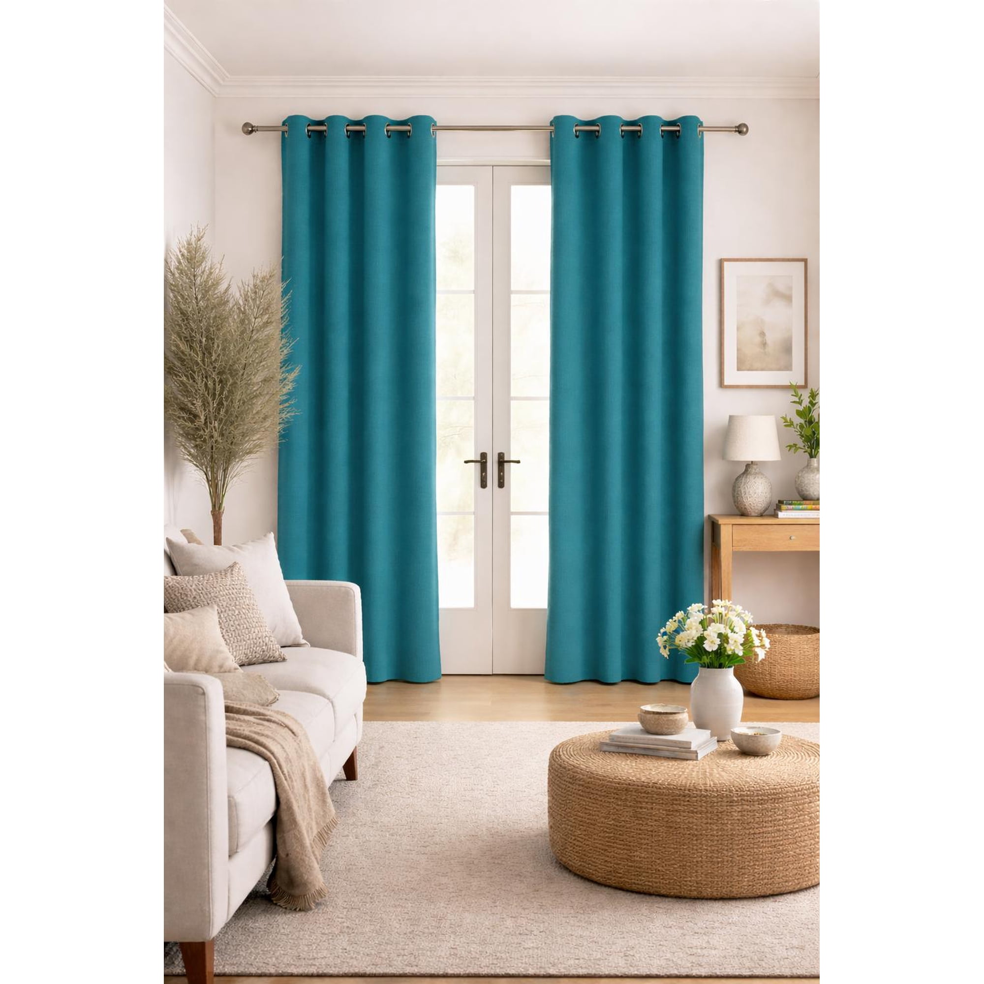 Clems - Cortina De Tela Tipo Lino 100% Blackout Engomada 2 Paños Turquesa