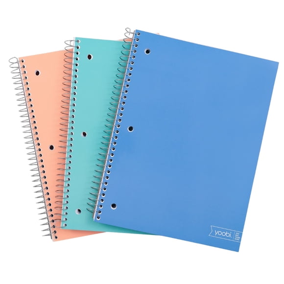 Juego de cuadernos en espiral Yoobi, 1 tema, 8 x 10.5 pulgadas, 150 hojas, paquete de 3