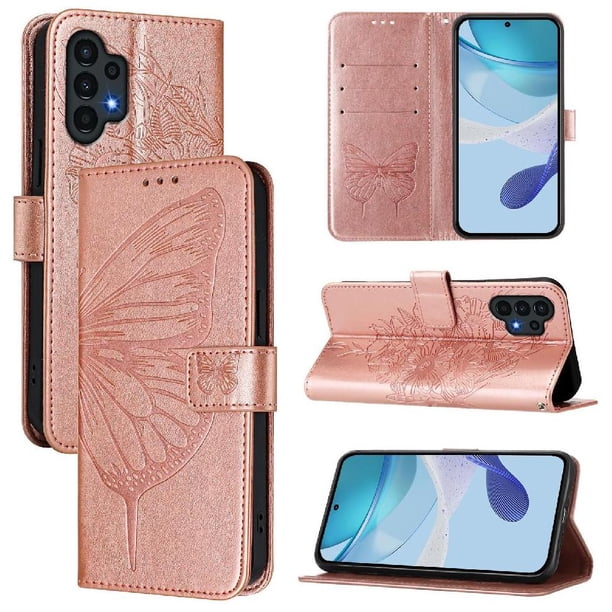 Funda cartera mariposa para Samsung Galaxy A04s con soporte y ranuras para tarjetas Oro rosa