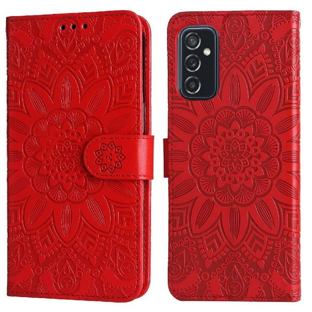 Funda tipo cartera FOXDOCK para Samsung Galaxy M52 5G , diseño girasol en relieve, cuero PU, cierre magnético, soporte y tarjetero