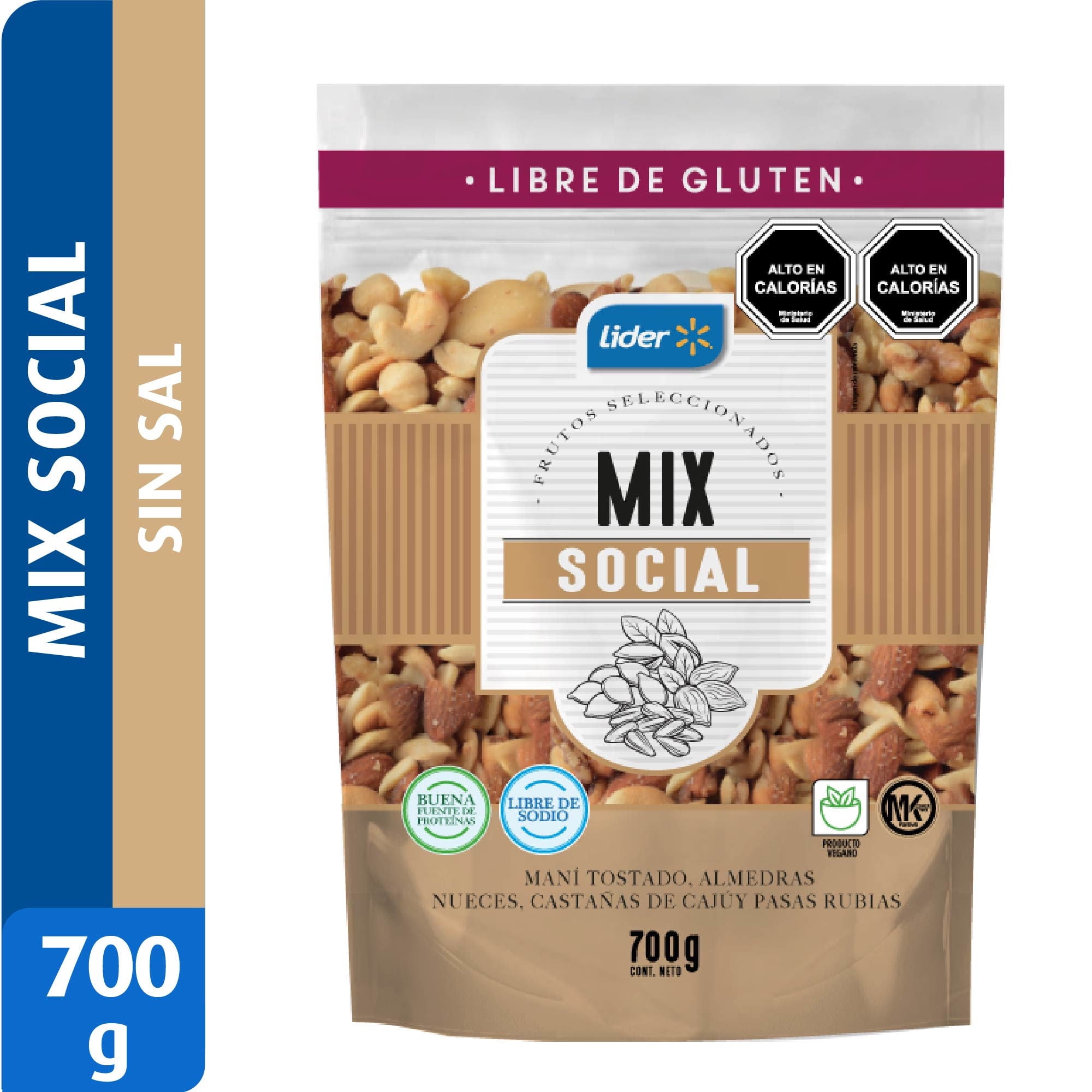 Mix De Maní Tostado, Almendras, Nueces, Castañas De Cajú Y Pasas Rubias, Sin Sal 700 g