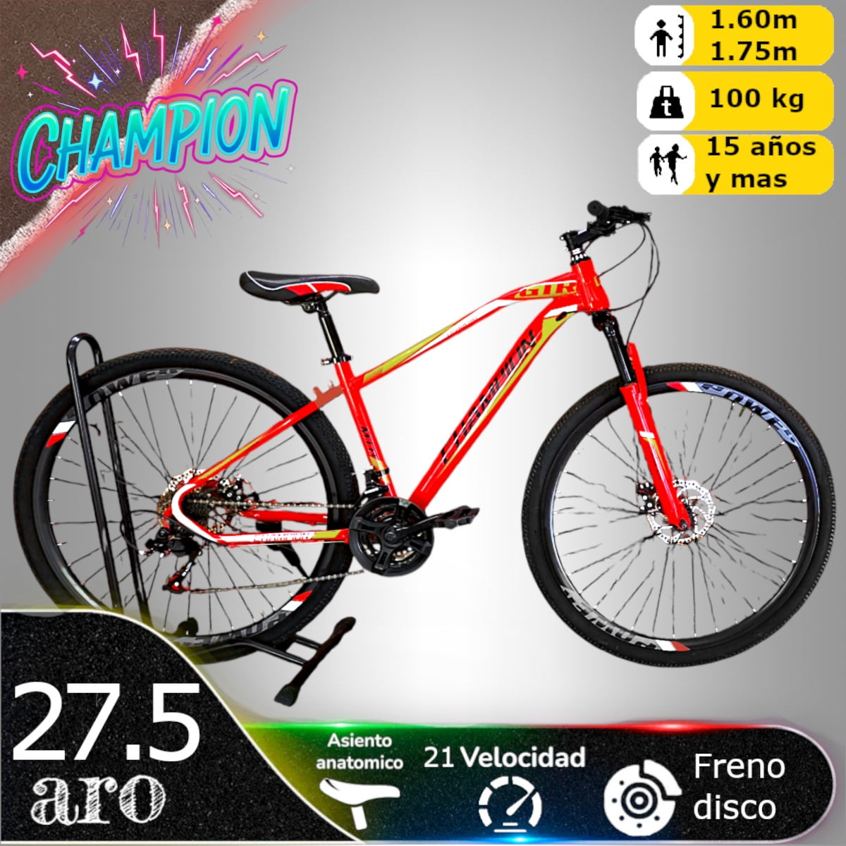 Vipnetwork - Bicicleta Aro 27.5 Champion 21 Veloc Y Freno Disco Rojo