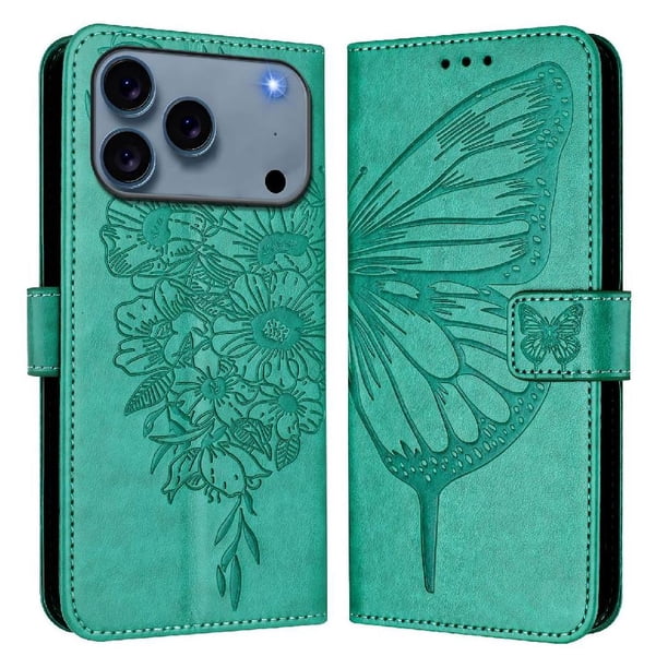 Funda Cartera Mariposa Para Iphone 17 Pro Max Con Soporte Y Ranuras Para Tarjetas Verde
